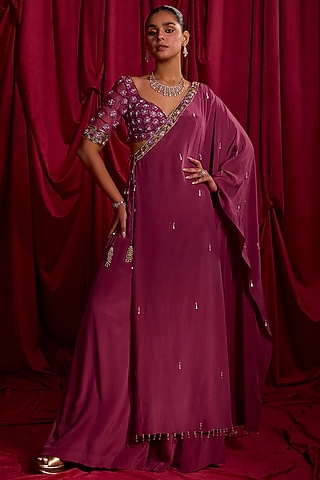 Lavender Pure Crepe Resham Embroidered Cape Set by TYOHAR