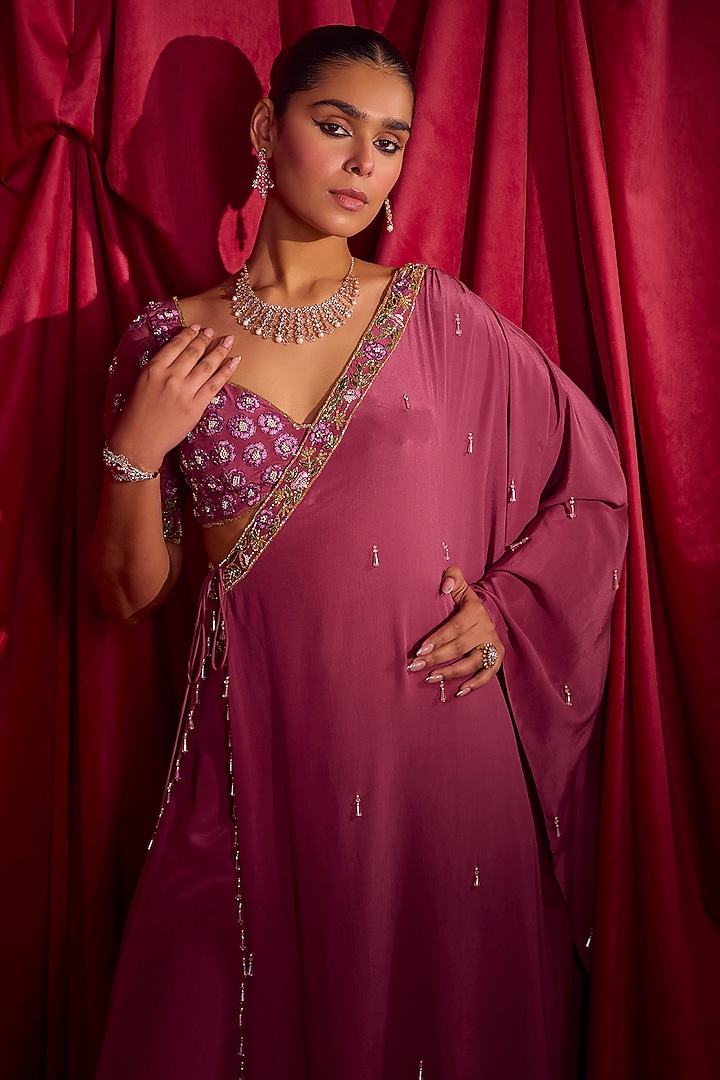 Lavender Pure Crepe Resham Embroidered Cape Set by TYOHAR at Pernia's Pop Up Shop