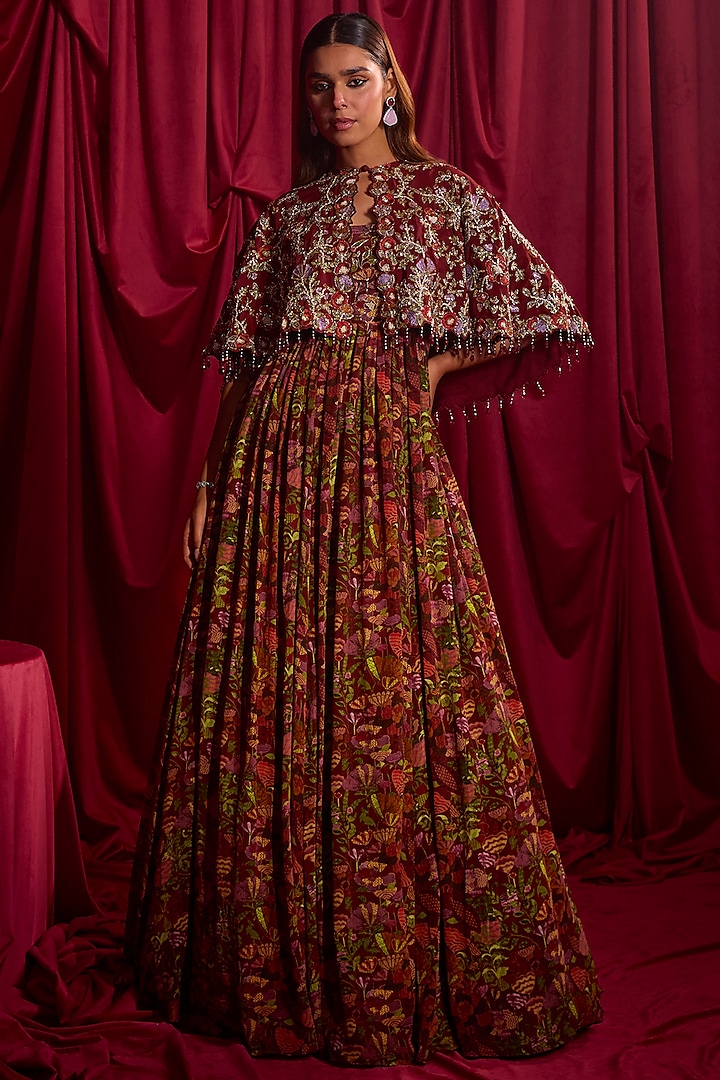 Maroon Pure Crepe Floral Printed Anarkali With Cape by TYOHAR at Pernia's Pop Up Shop