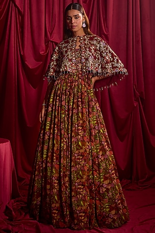 Maroon Pure Crepe Floral Printed Anarkali With Cape by TYOHAR