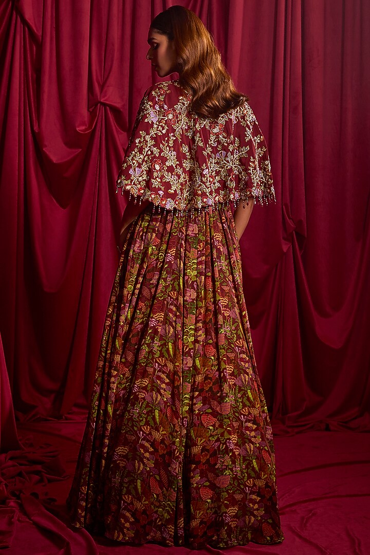 Maroon Pure Crepe Floral Printed Bridal Anarkali With Cape by TYOHAR at Pernia's Pop Up Shop
