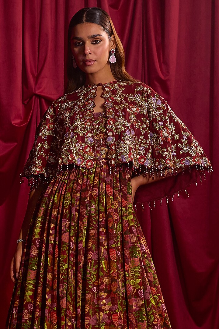 Maroon Pure Crepe Floral Printed Bridal Anarkali With Cape by TYOHAR at Pernia's Pop Up Shop