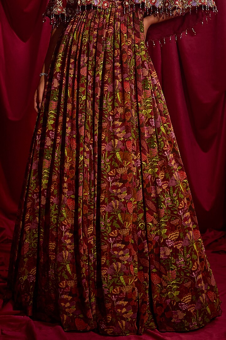 Maroon Pure Crepe Floral Printed Bridal Anarkali With Cape by TYOHAR at Pernia's Pop Up Shop