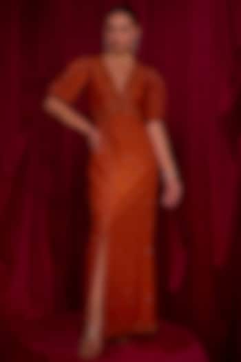 Rust Orange Dupion Dabka & Cutdana Embroidered Dress by TYOHAR