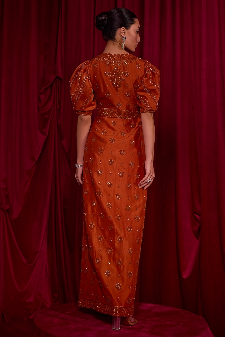 Rust Orange Dupion Dabka & Cutdana Embroidered Party Wear Dress by TYOHAR at Pernia's Pop Up Shop