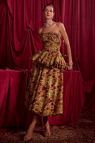 Beige Dupion Floral Printed Co-Ord Set by TYOHAR