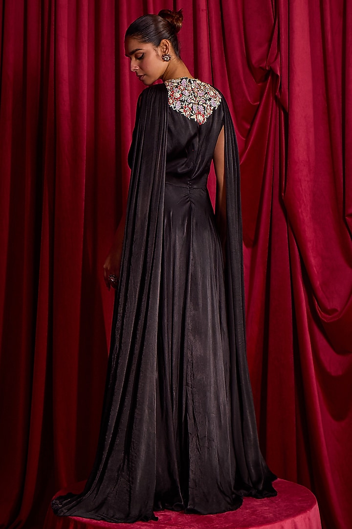 Black Satin Chiffon Resham & Zari Embroidered Engagement Gown by TYOHAR at Pernia's Pop Up Shop