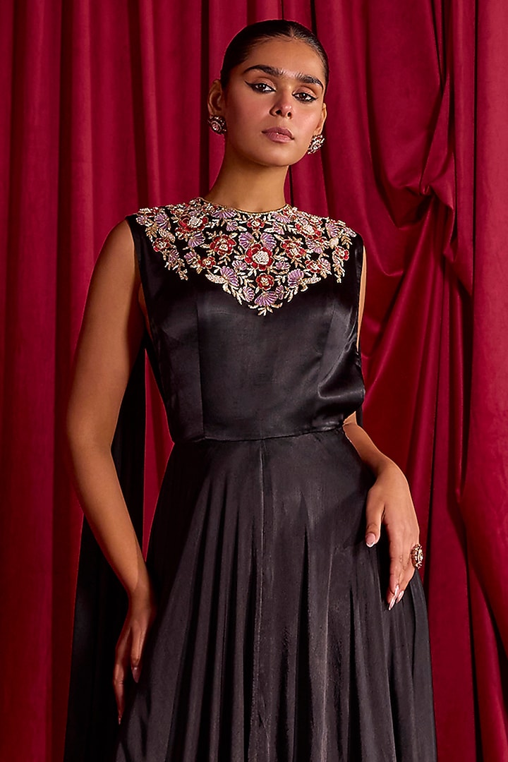 Black Satin Chiffon Resham & Zari Embroidered Engagement Gown by TYOHAR at Pernia's Pop Up Shop