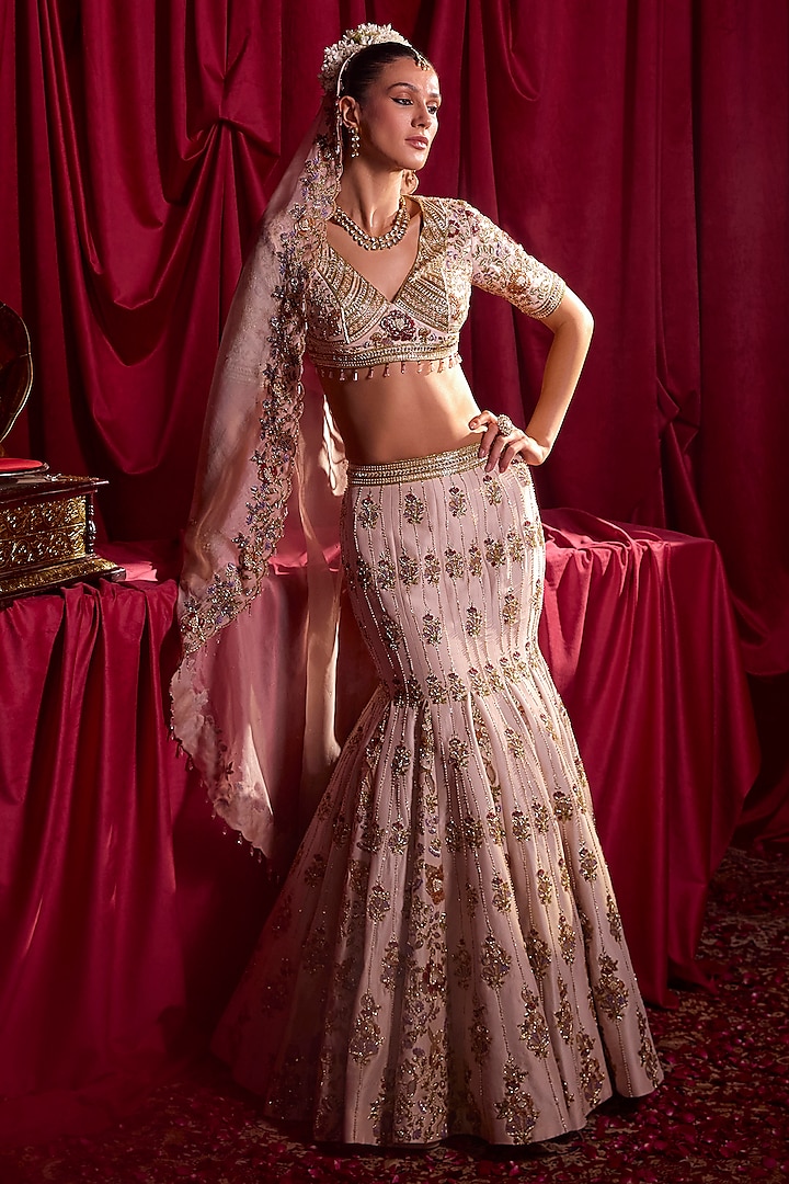 Powder Pink Dupion Resham & Sequins Embellished Lehenga Set by TYOHAR