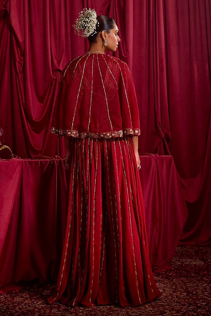Deep Red Satin Chiffon Crystal & Zari Embroidered Jumpsuit by TYOHAR at Pernia's Pop Up Shop