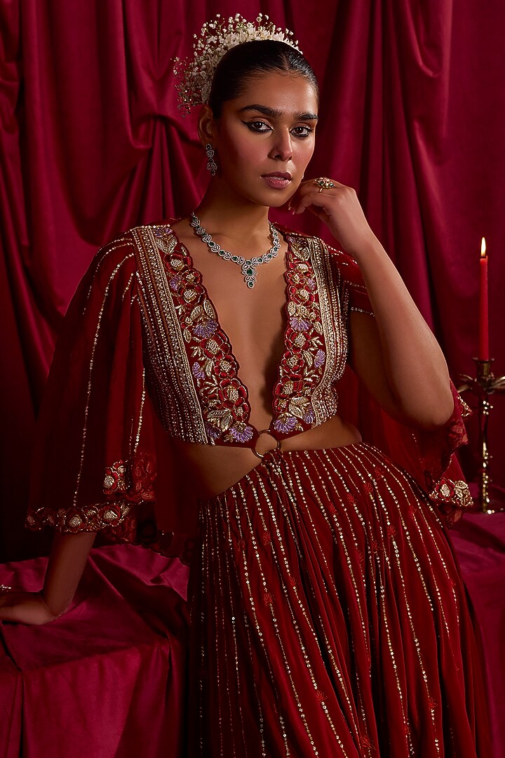 Deep Red Satin Chiffon Crystal & Zari Embroidered Jumpsuit by TYOHAR at Pernia's Pop Up Shop
