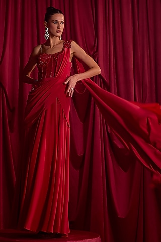 Red Crepe & Organza Dabka Embellished Draped Gown Saree by TYOHAR
