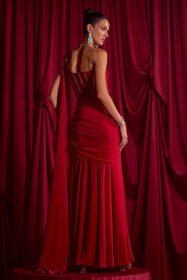 Red Crepe & Organza Dabka Embellished Draped Wedding Gown Saree by TYOHAR at Pernia's Pop Up Shop