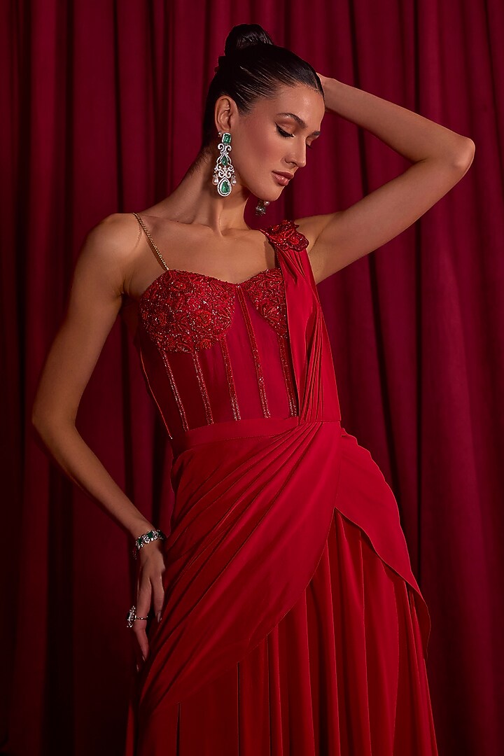 Red Crepe & Organza Dabka Embellished Draped Wedding Gown Saree by TYOHAR at Pernia's Pop Up Shop