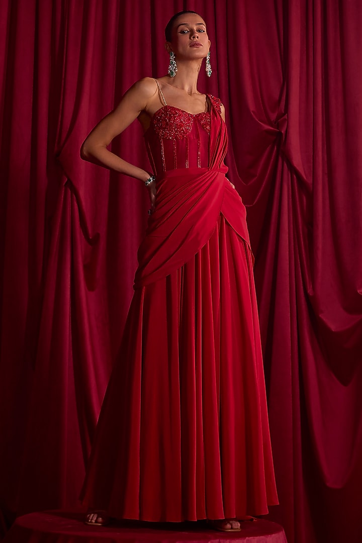 Red Crepe & Organza Dabka Embellished Draped Wedding Gown Saree by TYOHAR at Pernia's Pop Up Shop