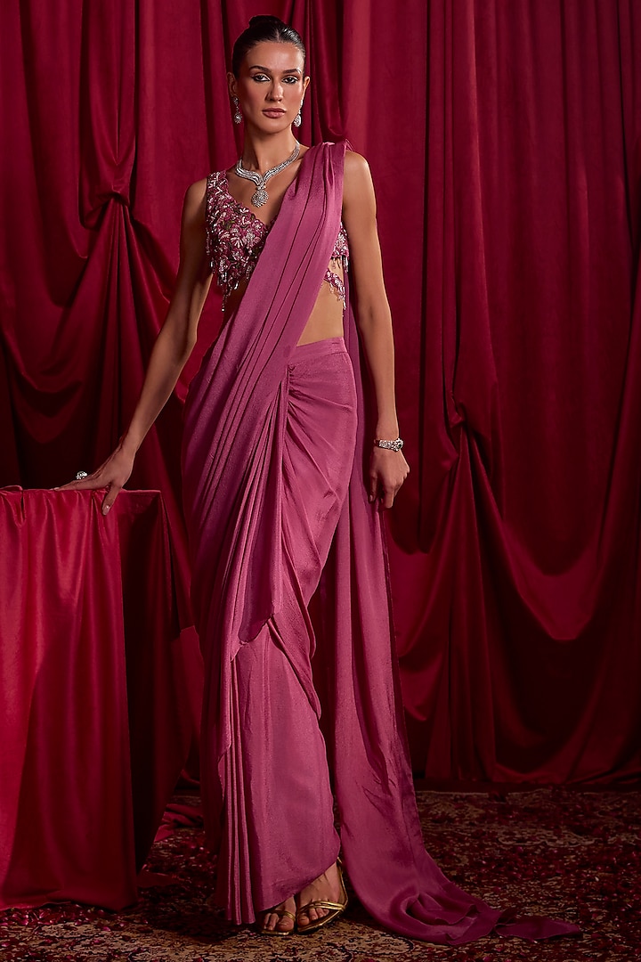 Lavender Chinon Chiffon Draped Saree Set by TYOHAR