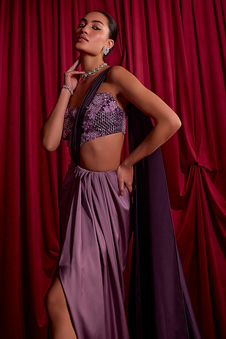 Purple Armani Satin Draped Wedding Saree Set by TYOHAR at Pernia's Pop Up Shop
