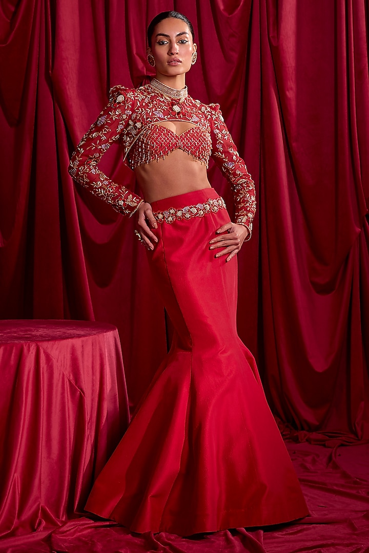 Red Dupion Mermaid Skirt Set by TYOHAR