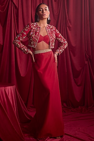 Red Dupion A-Line Skirt Set by TYOHAR