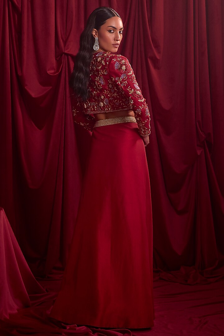 Red Dupion A-Line Skirt Set by TYOHAR at Pernia's Pop Up Shop