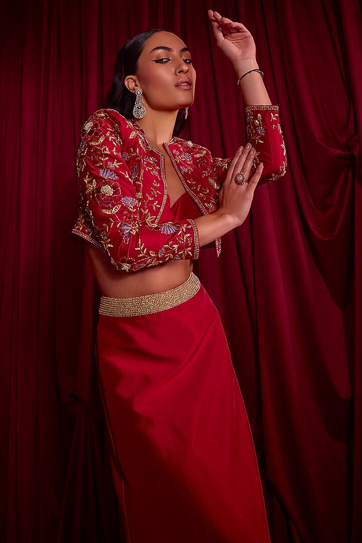 Red Dupion A-Line Skirt Set by TYOHAR at Pernia's Pop Up Shop