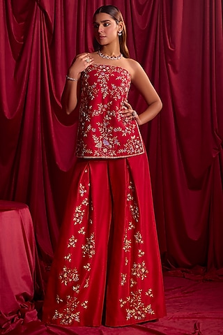 Red Dupion Resham Embroidered Kurta Set by TYOHAR
