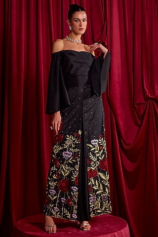Black Dupion Cutdana Embroidered Co-Ord Set by TYOHAR