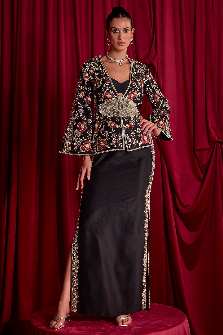 Black Dupion Skirt Set by TYOHAR