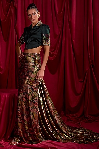 Dark Green Jersey Floral Printed Skirt Set by TYOHAR