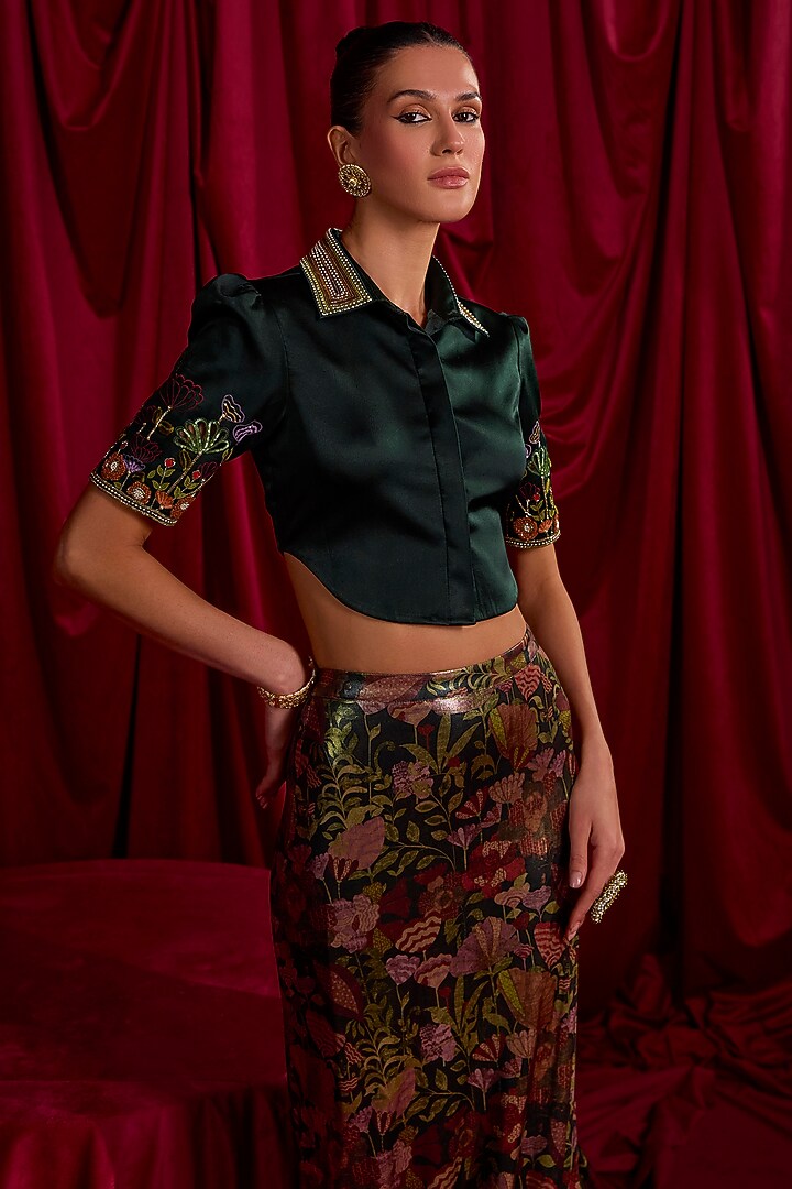 Dark Green Jersey Floral Printed Skirt Set by TYOHAR at Pernia's Pop Up Shop