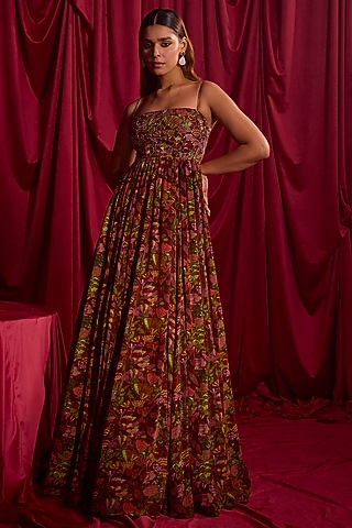 Maroon Crepe Floral Printed & Pearls Embellished Anarkali by TYOHAR