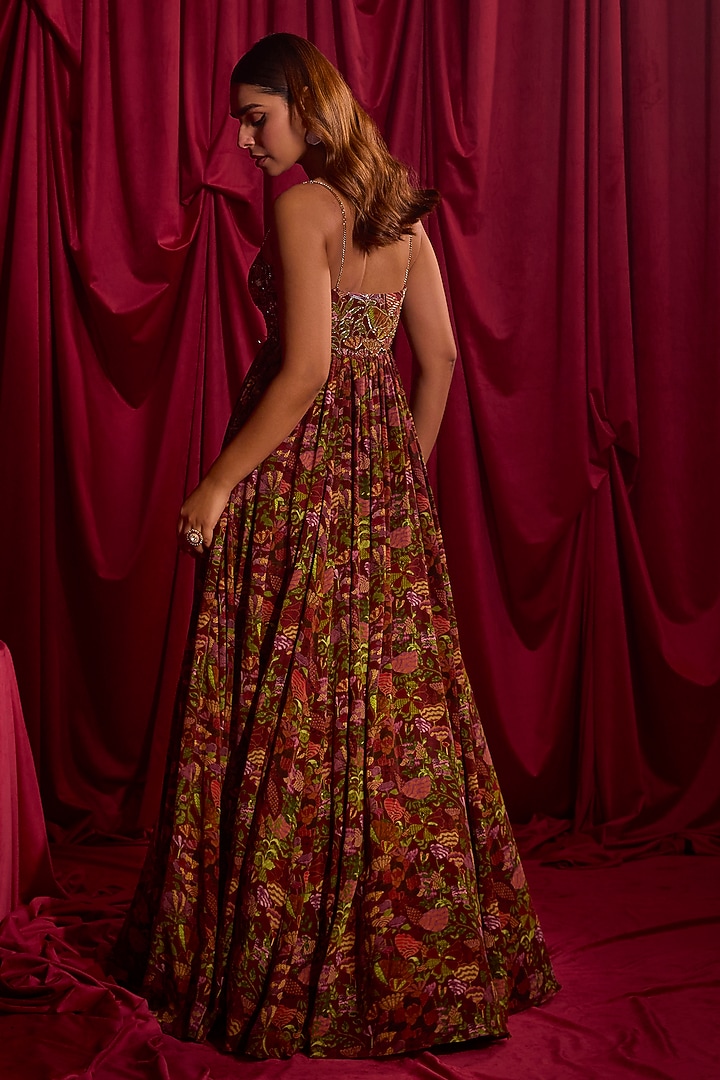 Maroon Crepe Floral Printed & Pearls Embellished Wedding Anarkali by TYOHAR at Pernia's Pop Up Shop