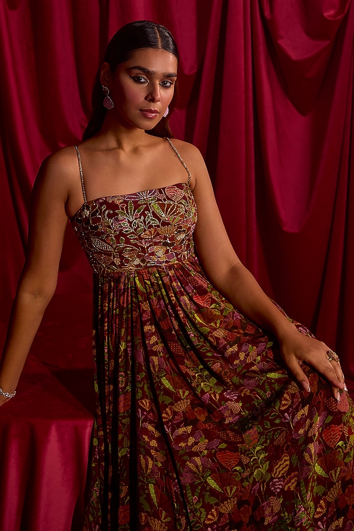 Maroon Crepe Floral Printed & Pearls Embellished Wedding Anarkali by TYOHAR at Pernia's Pop Up Shop