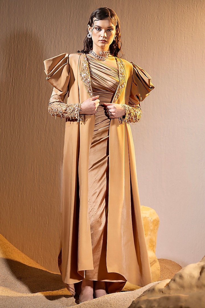 Caramel Brown Crepe & Satin Hand Embroidered Dress With Jacket by TYOHAR at Pernia's Pop Up Shop