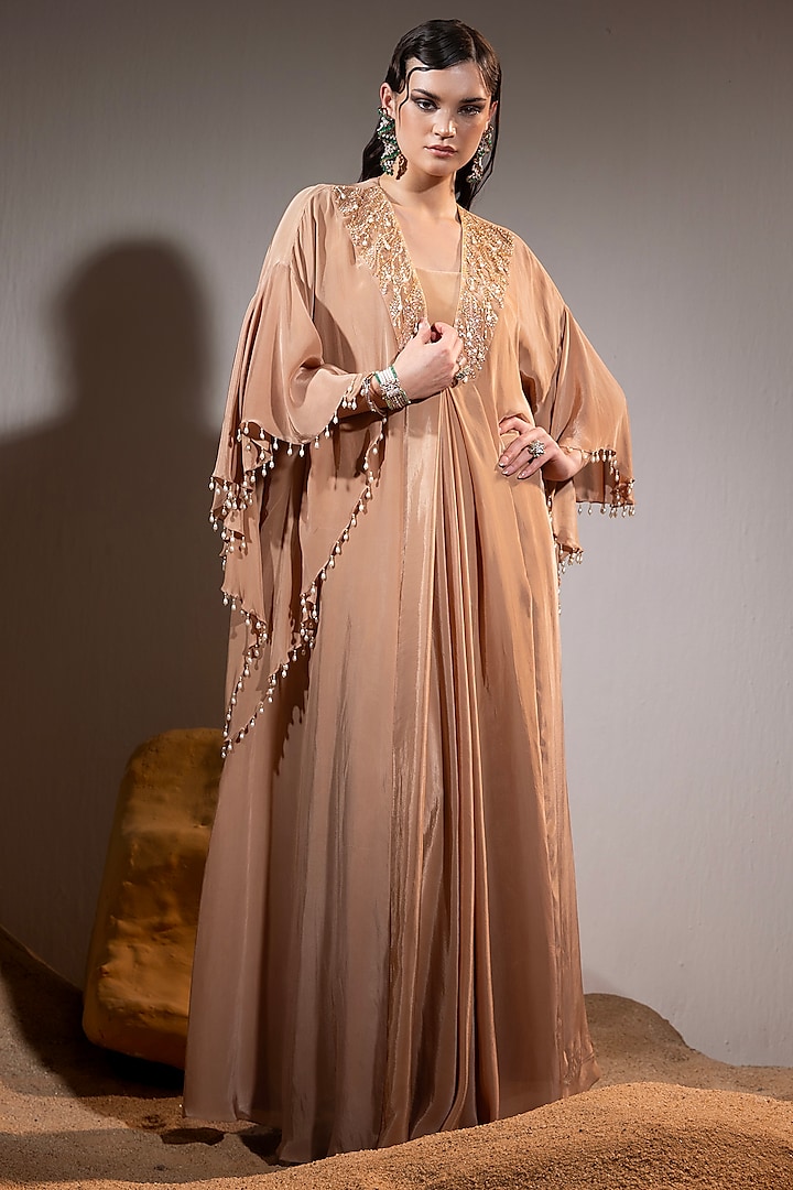 Caramel Brown Crepe Hand Embroidered Kaftan by TYOHAR at Pernia's Pop Up Shop