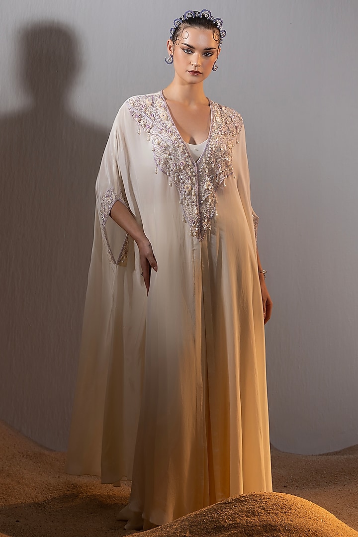 Ivory Crepe Hand Embroidered Kaftan Set by TYOHAR at Pernia's Pop Up Shop