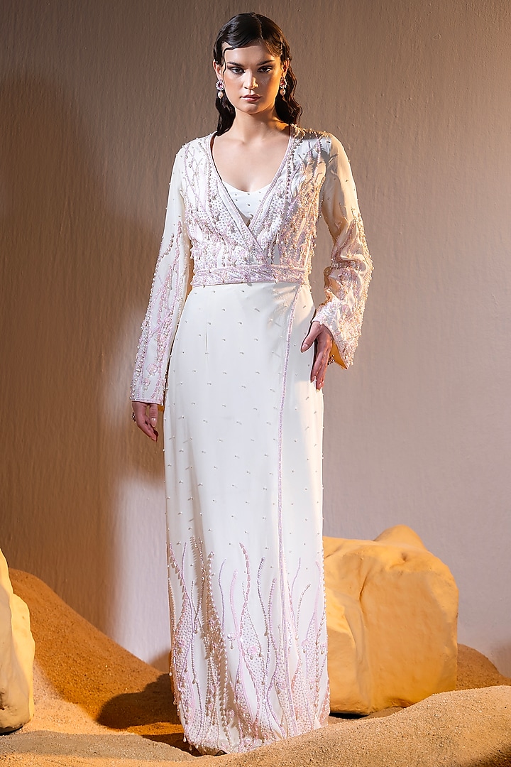 Ivory Crepe Hand Embroidered Robe Jacket Set by TYOHAR at Pernia's Pop Up Shop