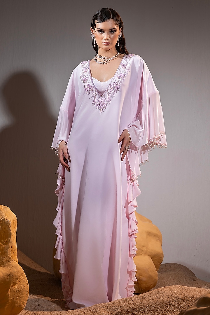 Baby Pink Crepe Hand Embroidered Kaftan by TYOHAR at Pernia's Pop Up Shop