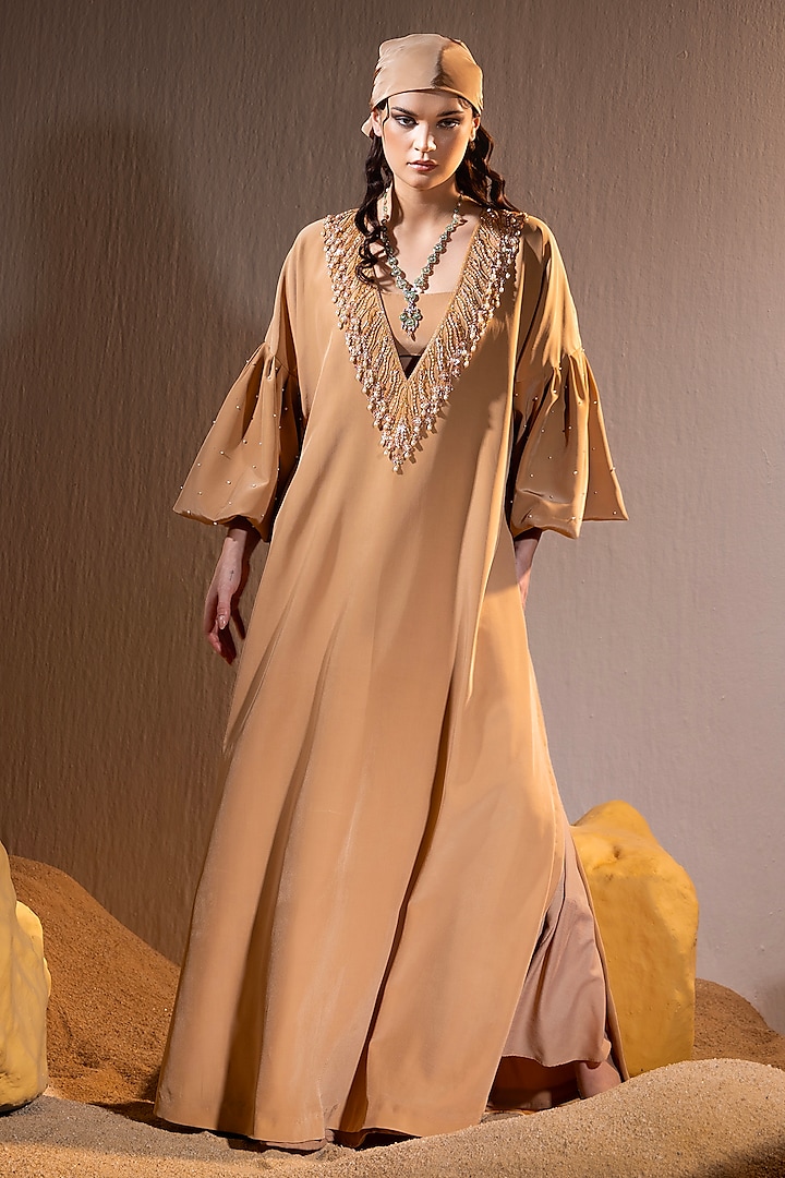 Caramel Brown Crepe Hand Embroidered Kurta by TYOHAR at Pernia's Pop Up Shop