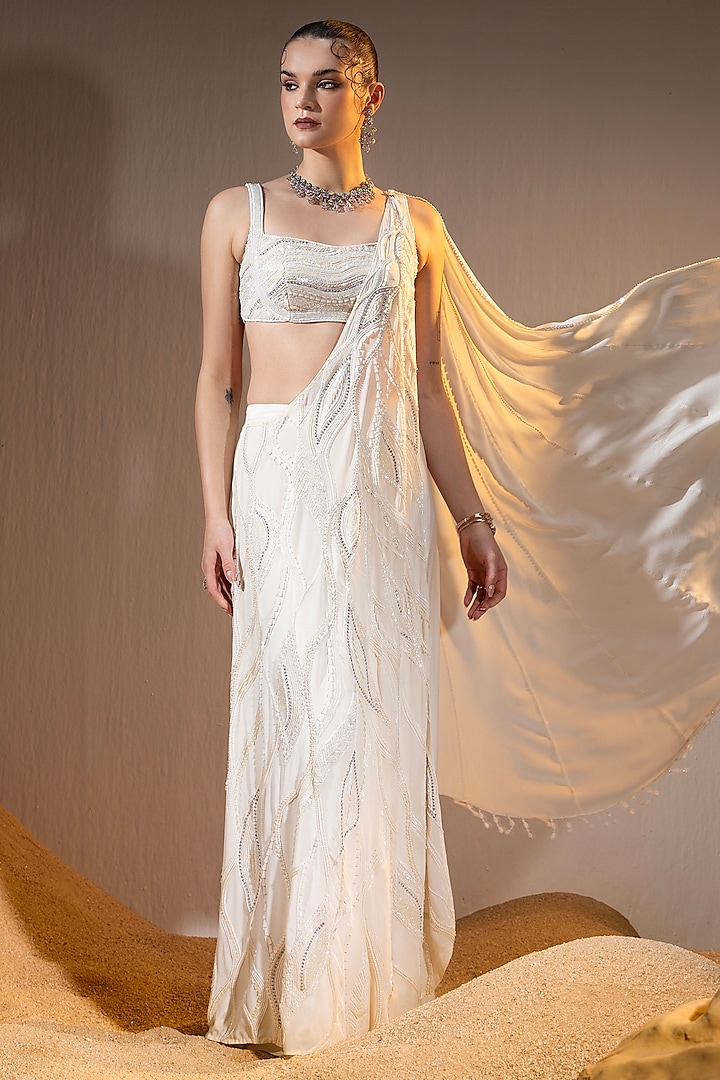 Ivory Crepe Draped Saree Set by TYOHAR at Pernia's Pop Up Shop