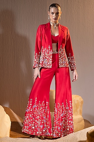 Red Dupion Hand & Machine Embroidered Jacket Set by TYOHAR