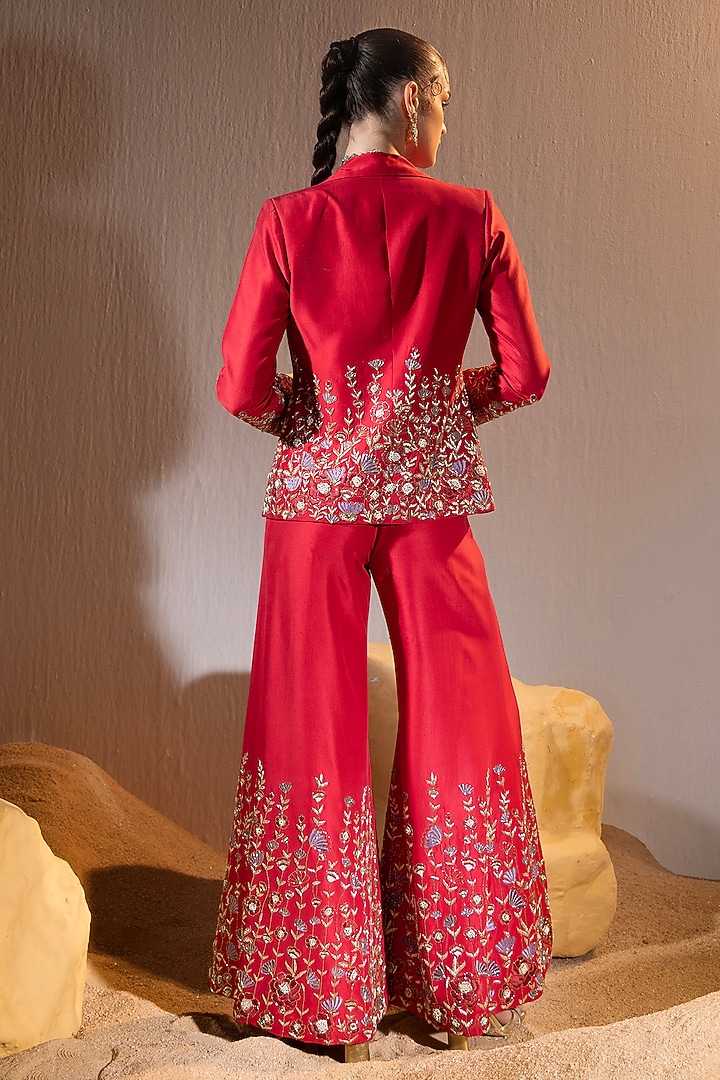 Red Dupion Hand & Machine Embroidered Jacket Set by TYOHAR at Pernia's Pop Up Shop