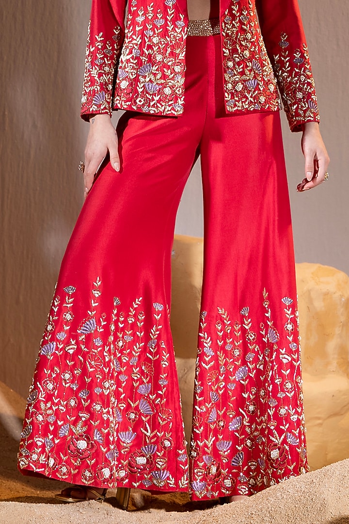 Red Dupion Hand & Machine Embroidered Jacket Set by TYOHAR at Pernia's Pop Up Shop