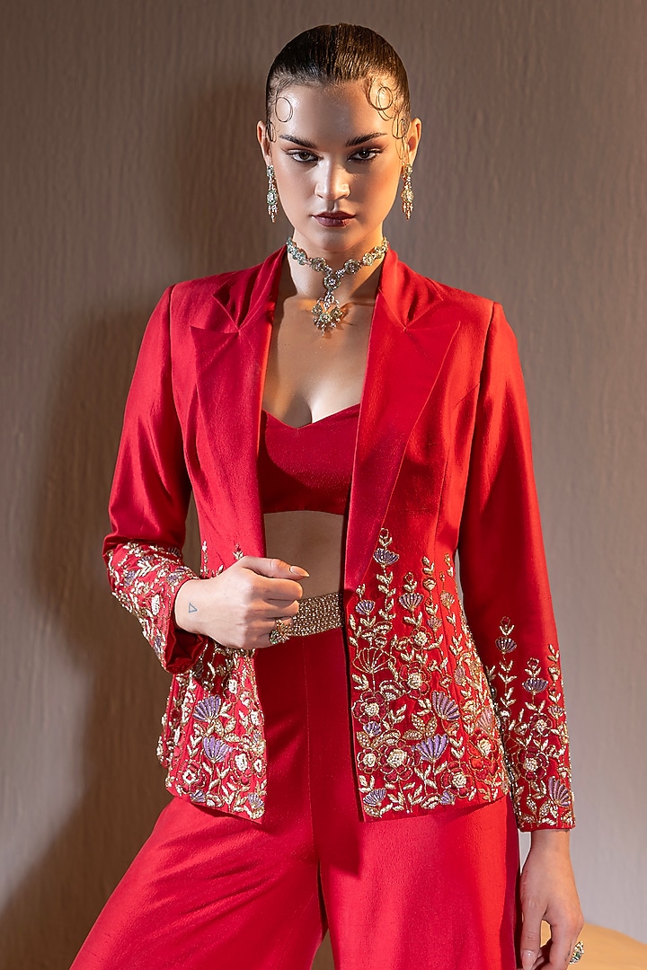 Red Dupion Hand & Machine Embroidered Jacket Set by TYOHAR at Pernia's Pop Up Shop