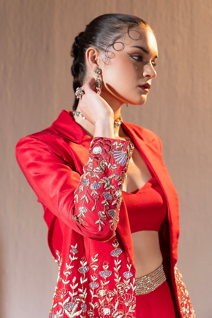 Red Dupion Hand & Machine Embroidered Jacket Set by TYOHAR at Pernia's Pop Up Shop