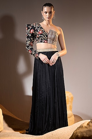 Black Dupion & Satin Chiffon Lehenga Set by TYOHAR