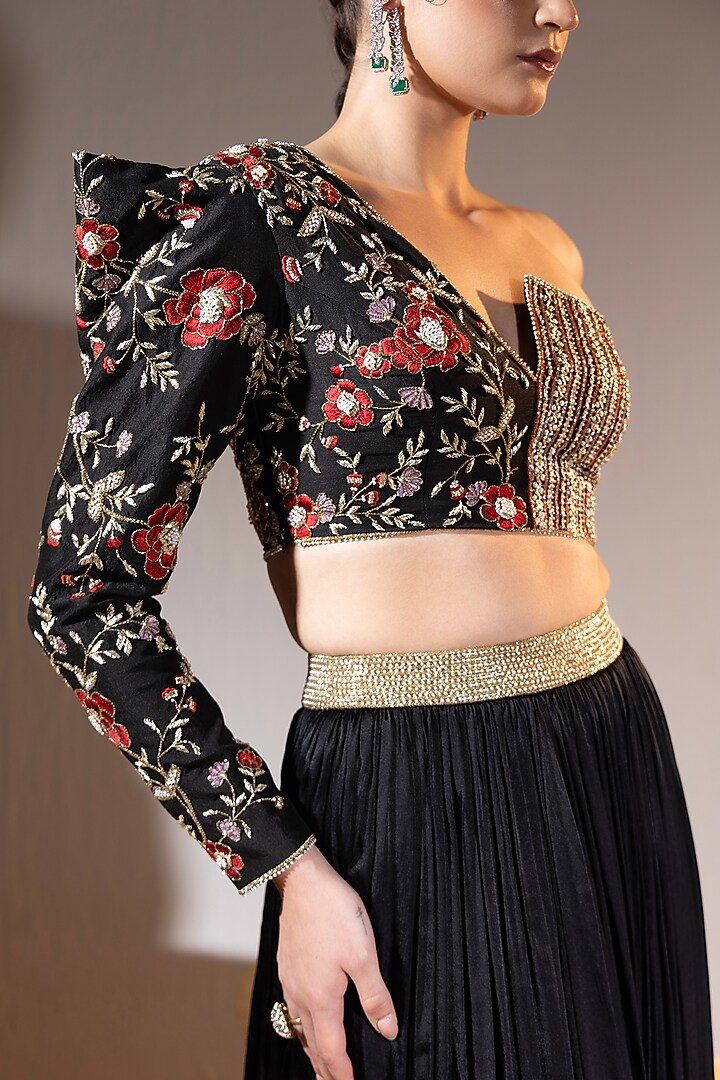 Black Dupion & Satin Chiffon Wedding Lehenga Set by TYOHAR at Pernia's Pop Up Shop