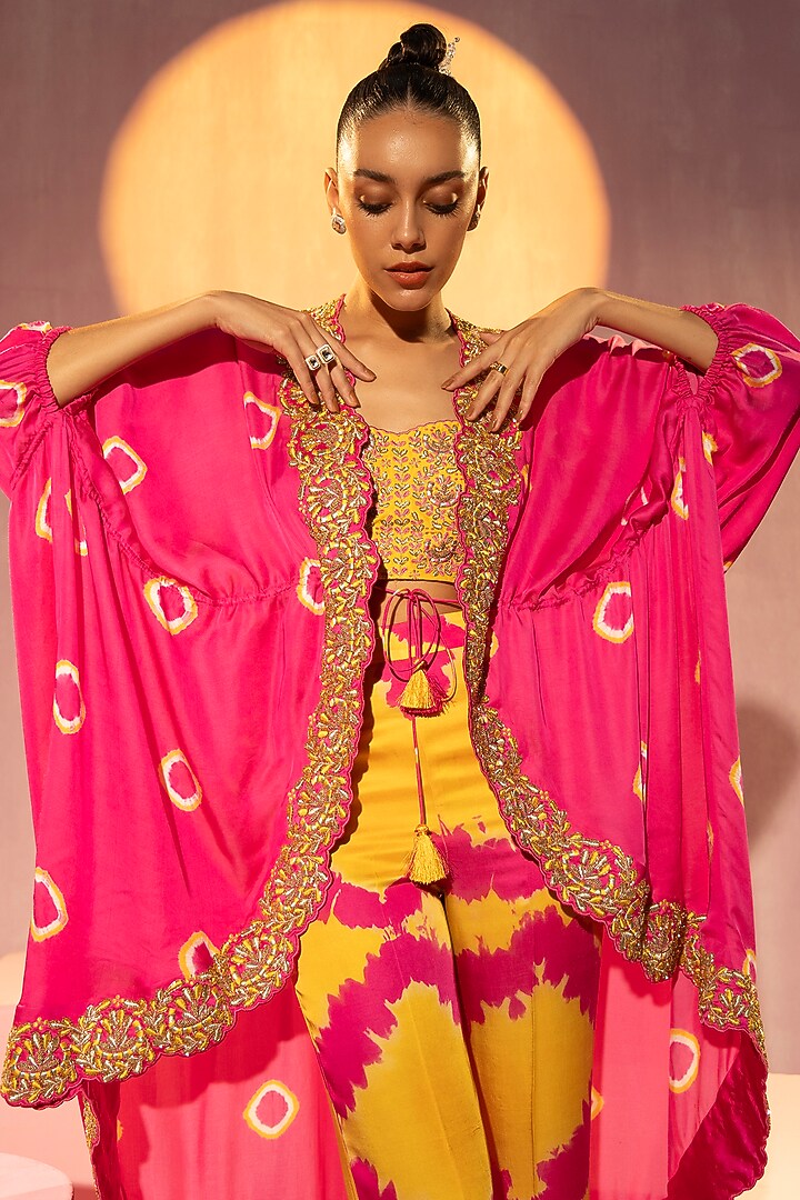 Bubblegum Pink Satin Cutdana & Resham Embroidered Jacket Set by TYOHAR at Pernia's Pop Up Shop