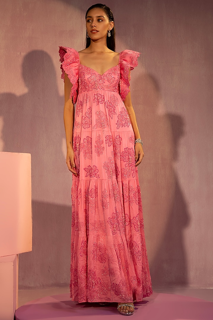 Pink Satin Chiffon Hand Embroidered Tiered Gown by TYOHAR at Pernia's Pop Up Shop