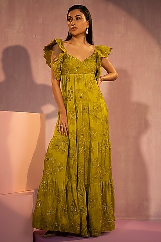 Green Satin Chiffon Hand Embroidered Tiered Gown by TYOHAR